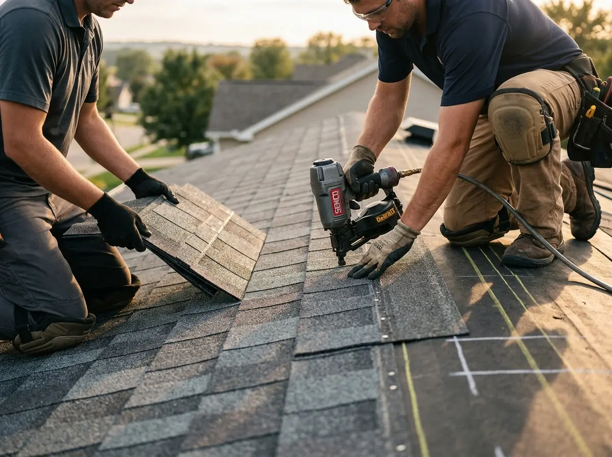 Professional roofer working on a residential roof in Agawam Town